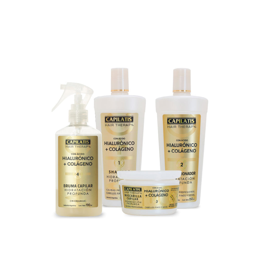 Set Línea Ácido Hialurónico + Colágeno Shampoo, Acondicionador, Tratamiento y Bruma Capilar